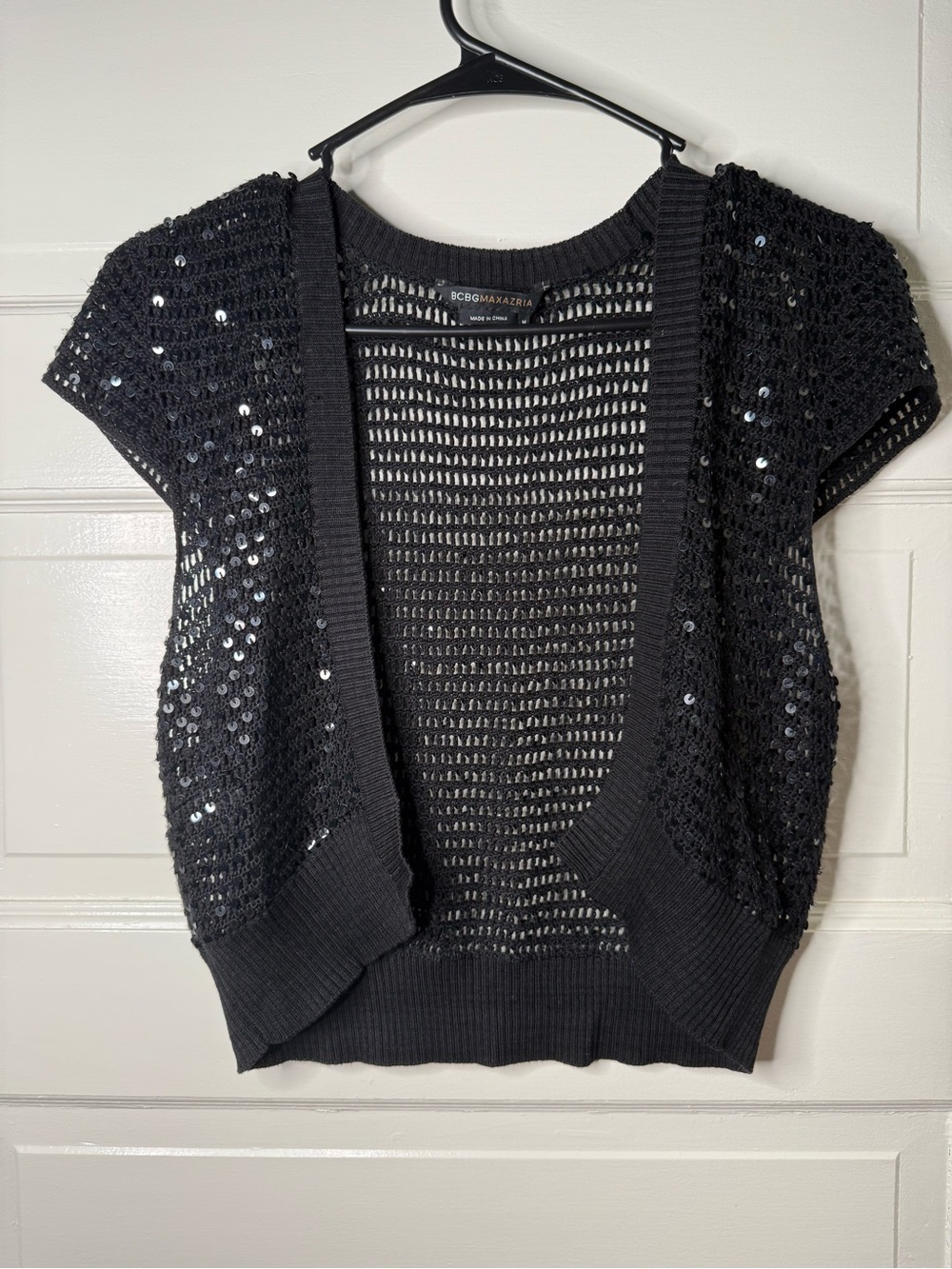 BCBGMAXAZRIA 100% silk Black Sequin Open-Front Short Sleeve Sweater